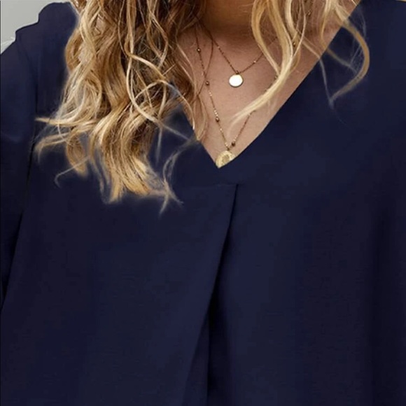 Classic navy v neck high low button sleeve blouse - Picture 4 of 5